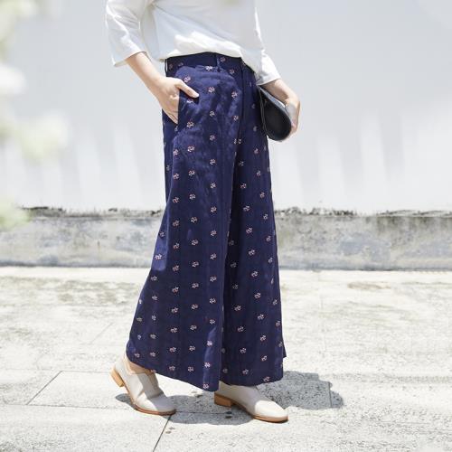 (免運)【100%新疆長絨棉】言作原創雙重提花固定腰闊腿褲【一樹花開五】