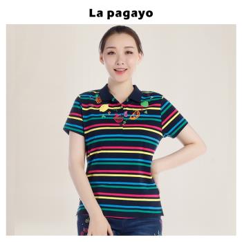 (免運)La Pagayo女裝針織休閑短袖衫POLO領修身間條上衣時尚運動休閑T恤