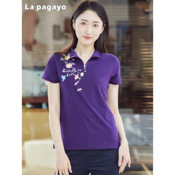 (免運)La Pagayo拉柏家雅夏季新款運動休閑t恤大碼POLO領女裝衫修身上衣