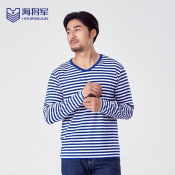 (免運)海魂衫男長袖 新疆長絨棉藍白條紋t恤絲光莫代爾v領條紋衫