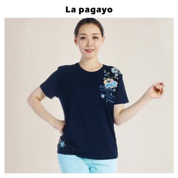 (免運)La Pagayo拉柏家雅女裝夏款松身大碼圓領印花彈力運動休閑短袖T恤