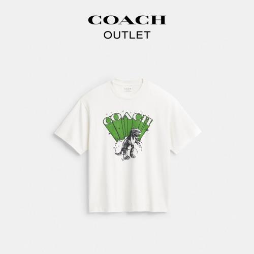 (免運)COACH/蔻馳奧萊男士恐龍圖案棉質圓領T恤短袖白色休閑