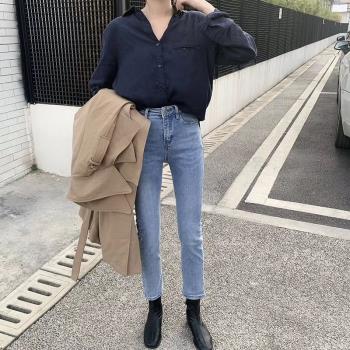 (免運)淺藍色小直筒牛仔褲女春秋新款小個子高腰修身顯瘦法式九分煙管褲