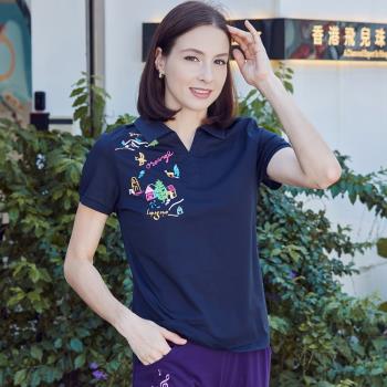 (免運)La Pagayo夏季新款修身上衣大碼女POLO領針織運動休閑印花短袖t恤