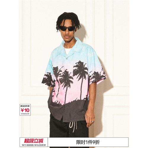 (免運)EMPTY REFERENCE 美式復古原創晚霞椰樹剪影短袖拼色襯衫情侶