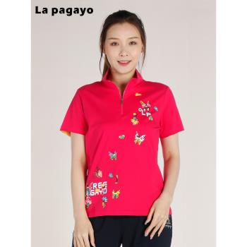 (免運)La Pagayo夏裝女裝上衣個性彈力運動休閑大碼修身顯瘦短袖立領T恤