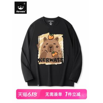 (免運)KERWATS可維斯品牌大碼男女情侶無性別海貍卡通印花打底長袖T恤
