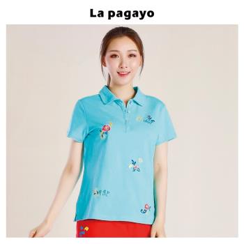 (免運)La Pagayo夏裝女裝針織彈力珠地衫POLO領修身顯瘦百搭時尚休閑T恤