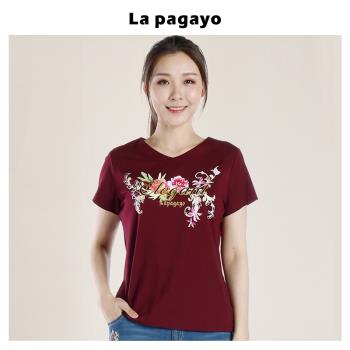 (免運)La Pagayo夏裝新品修身V領大碼女裝百搭顯瘦時尚運動休閑短袖T恤