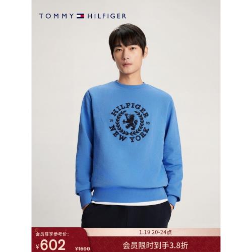 (免運)Tommy秋冬男純棉商務休閑重工徽章刺繡合身內搭圓領T恤衛衣