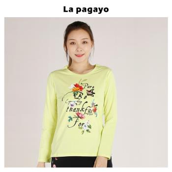 (免運)La Pagayo春季女士春裝修身圓領上衣百搭大碼女裝運動休閑長袖T恤