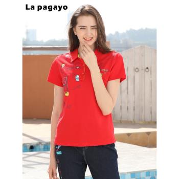 (免運)La Pagayo拉柏家雅新款女裝針織POLO領上衣修身百搭運動休閑T恤衫