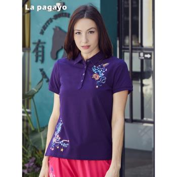 (免運)La Pagayo夏季新品上衣大碼女POLO領針織運動休閑印花短袖t恤女