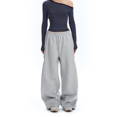 (免運)APEA松弛感灰色直筒衛褲女2024秋季新款抽繩低腰寬松闊腿休閑褲子