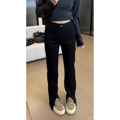 (免運)大碼高腰黑色微喇開叉牛仔褲女2026年新款胖mm顯瘦闊腿彈力直筒褲