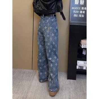 (免運)設計感小眾2025春季新款今年流行的爆款寬松直筒顯瘦印花牛仔褲子