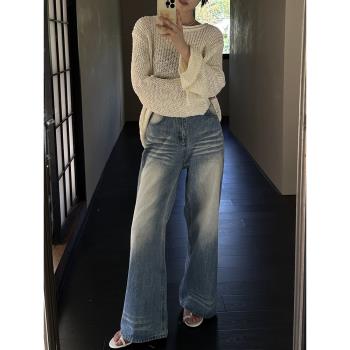 (免運)卡扎琳夏季復古水洗藍色美式辣妹摺痕梨形小個子鬆弛直筒牛仔褲女