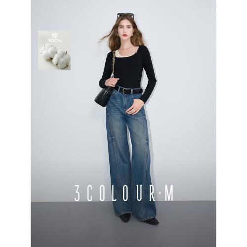 (免運)【100棉牛仔褲】三彩2025春季新款高腰闊腿褲休閑貓須長褲純棉女M