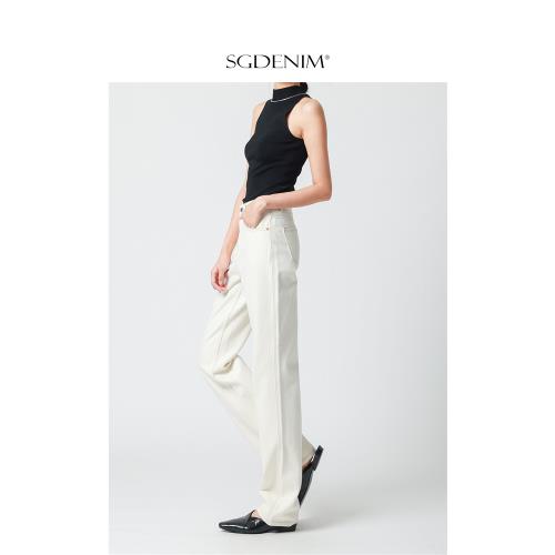 (免運)三本針撞色線/米白色直筒牛仔褲女高腰寬松顯瘦窄版拖地褲秋新款