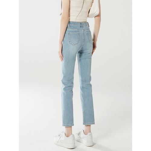 (免運)淺色直筒牛仔褲女春秋小個子修身加長煙管褲新款秋季淺藍緊身彈力