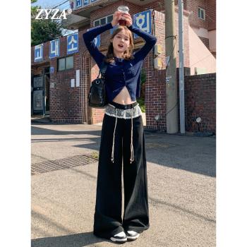 (免運)ZYZA蕾絲花邊褲子女2025新款夏季拼接假兩件寬松黑色闊腿牛仔褲女
