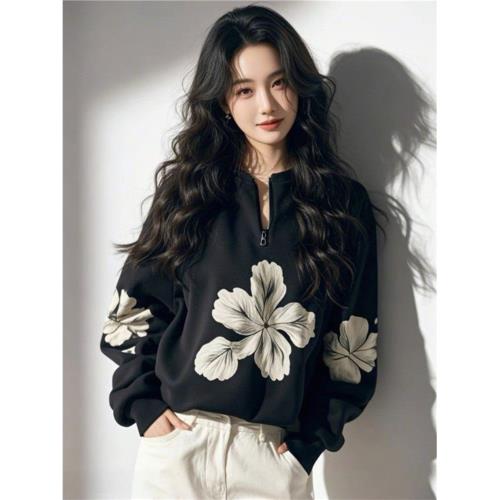 原創今年流行爆款超好看獨特衛衣黑色半拉鏈v領印花寬松上衣女春