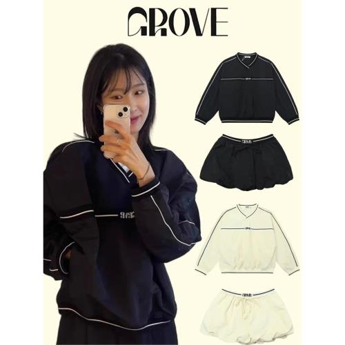 韓系G家秋衛衣車靜媛同款V領拼色沖鋒衣女套裝運動寬松休閑風韓系