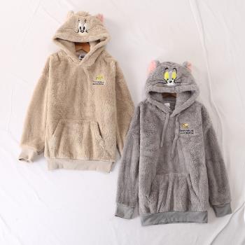 日單品牌春秋季新款卡通可愛趣味貓咪頭像連帽珊瑚絨衛衣女28616