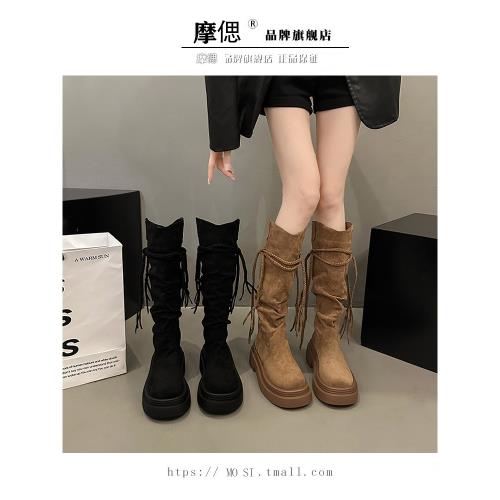 厚底棕色美拉德長靴子女2026新款春秋季西部牛仔堆堆靴高筒騎士靴