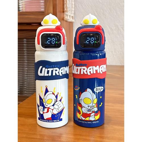 奧特曼水杯智能顯溫保溫杯兒童男孩上學專用吸管杯316不銹鋼杯子