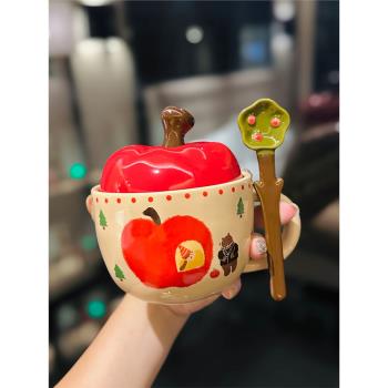 520可愛蘋果陶瓷水杯帶蓋勺家用女生咖啡杯高顏值馬克杯生日禮物