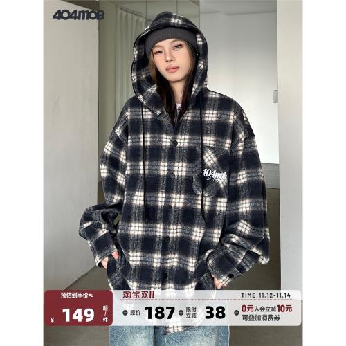 404MOB磨毛加厚刺繡連帽襯衫外套2025春季美式慵懶風格子長袖襯衫