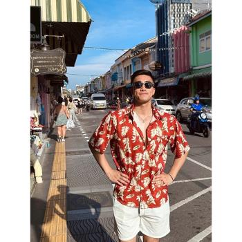 夏威夷冰絲沙灘花襯衫短袖男夏季泰國海邊度假男裝東南亞風格衣服