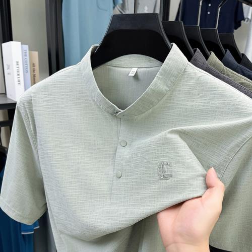 男士夏季新款亨利領短袖T恤中年爸爸裝立領高檔純色上衣服polo衫