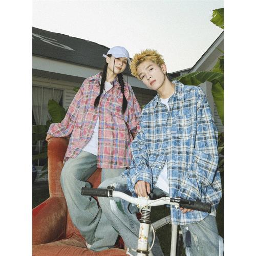 清倉方逸倫同款MANYSTON美式休閑格子襯衫男春秋純棉長袖襯衣外套