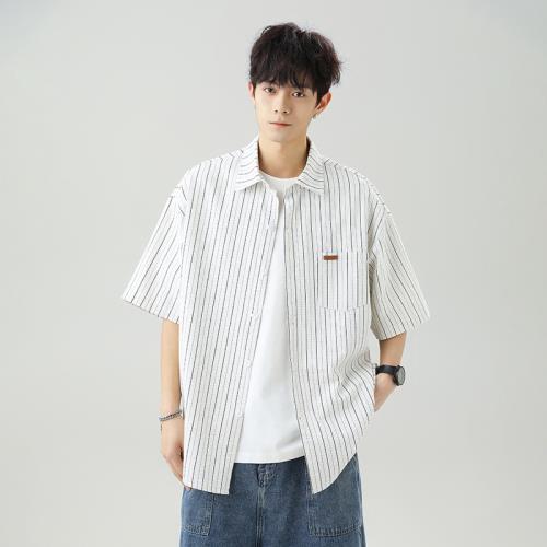 肌理感微皺撞色條紋短袖襯衫男夏季新款日系寬松休閑翻領襯衣外套