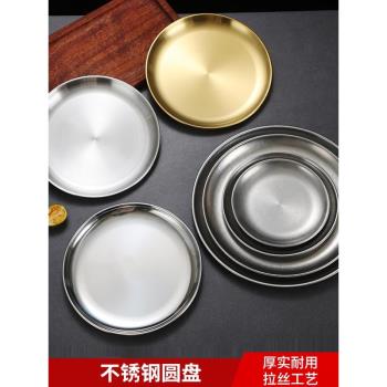 韓式不銹鋼圓盤金色託盤咖啡廳水果盤家用復古烤肉盤淺盤子吐骨碟