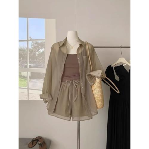 鹽系穿搭三件套裝女夏季高級感長袖防曬衣背心短褲休閑時尚套裝潮