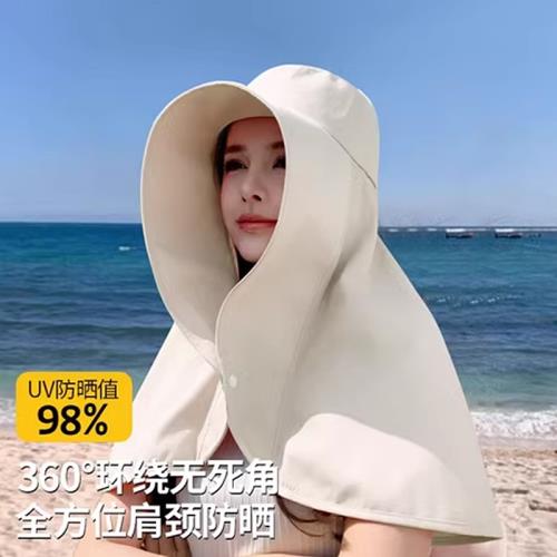 全方位海邊防曬帽女大帽檐披肩遮臉護頸防紫外線遮陽帽夏季漏馬尾