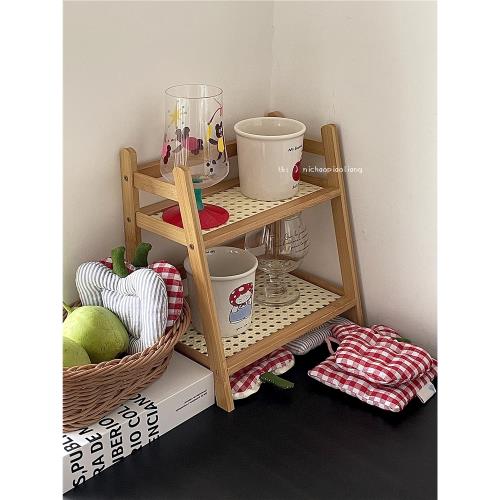 桌面置物架仿藤編雙層杯子水杯收納架茶杯架辦公室廚房收納神器