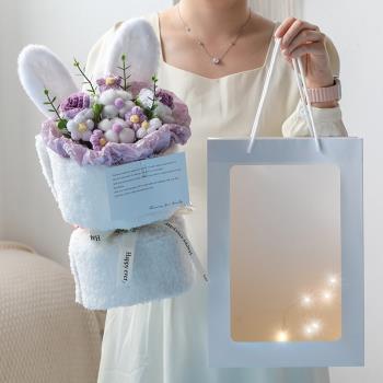 浪漫小香風兔子花束成品手工編織毛線玫瑰情人節生日禮物送女生