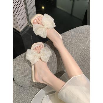 細細條 夏天仙女風網紗蝴蝶結拖鞋女海邊度假防滑平底沙灘涼拖鞋