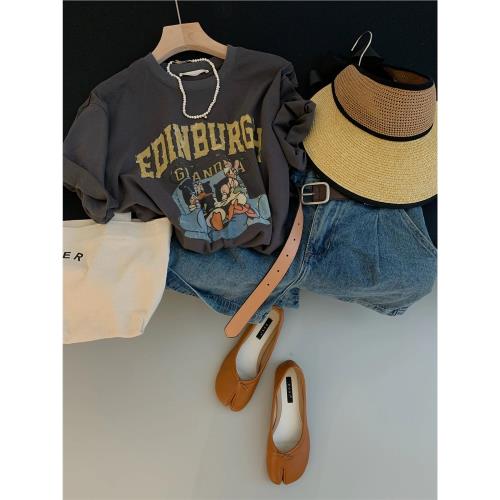 日系復古做舊印花短袖T恤女夏設計感純棉體恤體恤寬松學生上衣服