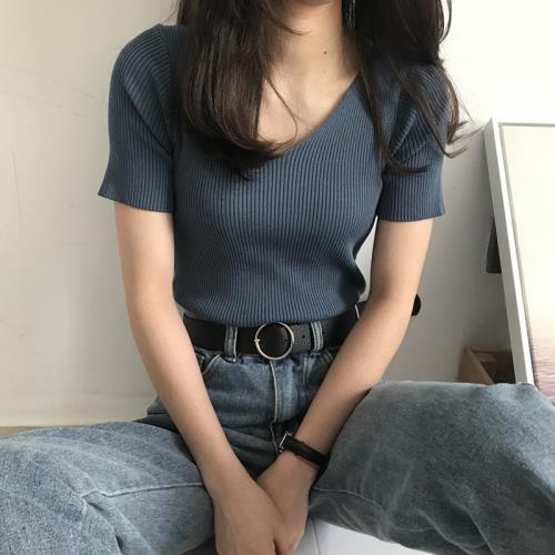 ins超火V領冰絲短袖T恤女夏韓版潮網紅學生彈力緊身顯瘦針織上衣