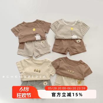 嬰兒夏裝網紅套裝夏季男女寶寶短袖短褲薄款運動卡通兩件套外出服