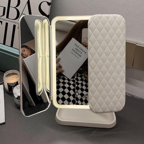 開學宿舍LED帶燈臺式桌面智能化妝鏡可旋轉補光三面折疊梳妝鏡子