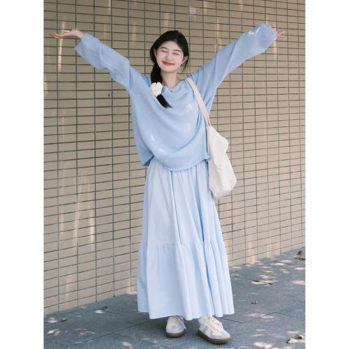 溫柔韓系穿搭一整套藍色連衣裙子女裝2025新款秋冬高級感套裝長裙