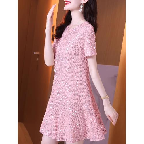 夏季法式氣質優雅粉色a字裙亮片亮閃閃鏤空針織冰絲短袖T恤連衣裙