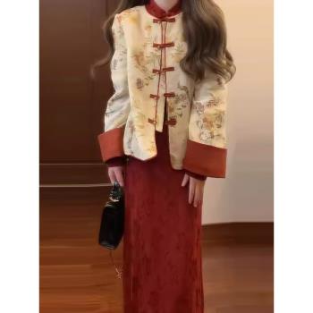 新中式改良紅色旗袍連衣裙女春季流行穿搭高階感訂婚敬酒禮服套裝