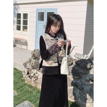 新中式國風旗袍連衣裙套裝女春秋氣質穿搭馬甲絲絨長裙唐裝兩件套